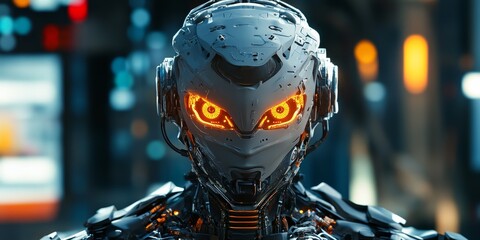 Poster - A detailed look at a humanoid robot in a cyberpunk world, with glowing eyes, intricate mechanical joints, and a sleek tech-inspired design.