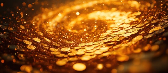 Close-up of a swirling vortex of shiny gold coins with a blurred bokeh background.