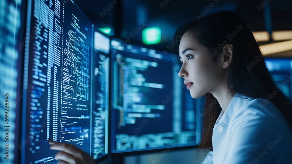 Asian woman using binary code defense on a computer to fend off online ...