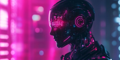 Poster - A cyberpunk robot with a human-like face, neon-lit circuits, and advanced AI, seamlessly blending into a high-tech dystopian setting.