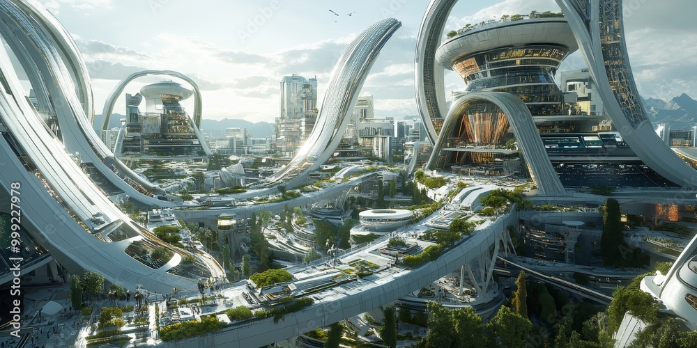 An expansive futuristic world with interlinked smart cities, showcasing ...