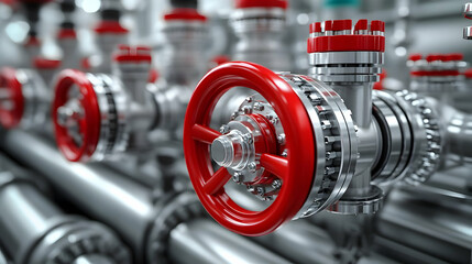 Poster - Red Valve Handle on Steel Pipes: Industrial Control System Close-up