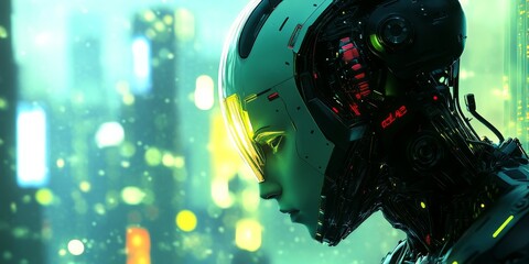 Poster - a futuristic humanoid robot with neon accents, advanced mechanics, and a dark cyberpunk cityscape in the background.