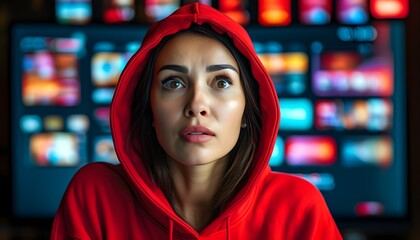 Wall Mural - Immersed in Technology: A Woman in Red Hoodie Engaged with Multiple Television Screens