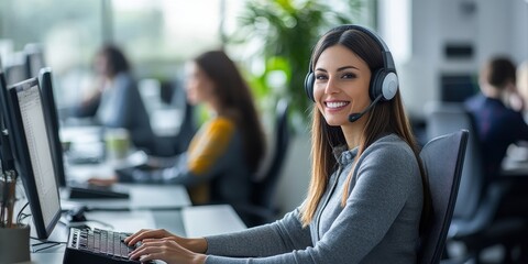 A professional customer service representative engaging in a positive client interaction with a friendly demeanor in a modern office.