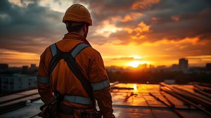 Wall Mural - Construction Worker Watches Sunset Over Cityscape