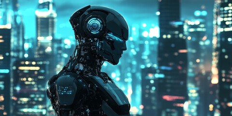 Poster - A humanoid robot in a cyberpunk scene, featuring sleek metallic features, glowing circuits, and a moody, high-tech urban setting.