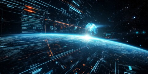Poster - Futuristic space exploration software interface, featuring holographic overlays, orbit simulations, and live data streams.