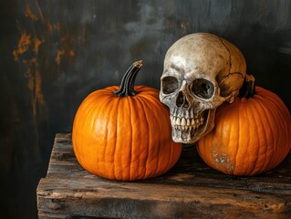 Wall Mural - Halloween pumpkins and human skull on wooden table