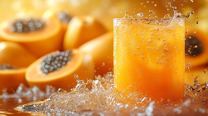 Sticker - A glass of papaya juice with ice cubes and water splash.