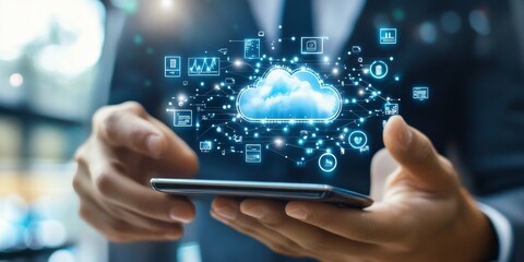 Poster - Business environment where tech integration of mobile apps and cloud services optimizes collaboration and efficiency among team members.