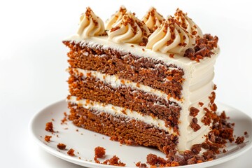 Carrot cake with cream cheese frosting on white background