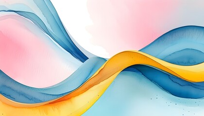 tranquil abstract watercolor waves in soft pink, blue, and yellow hues, evoking a serene and calming