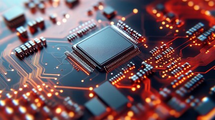 Poster - Microchips and circuit boards interwoven with data processors, a close look at the technology driving modern electronics and communication.