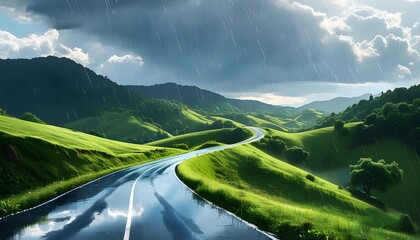 Wall Mural - Serene winding road through verdant hills reflecting the sky, embodying journey, peace, and the beauty of nature after a refreshing rain shower