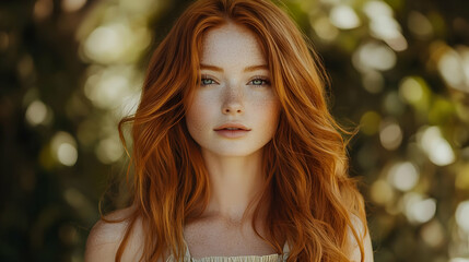 Portrait of a Woman with Long Red Hair and Blue Eyes Looking at the Camera