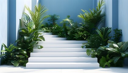 Wall Mural - Serene minimalist stage with white stairs, blue walls, soft light rays, and lush green plants creating an elegant atmosphere