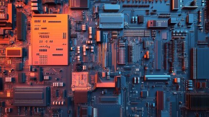 Poster - Microchips and circuit boards interwoven with data processors, a close look at the technology driving modern electronics and communication.
