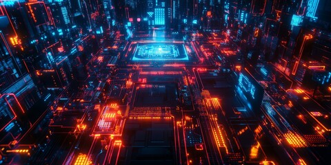 Poster - A detailed look at an advanced AI core, surrounded by neon-lit circuits and data streams, set in a dark cyberpunk world.