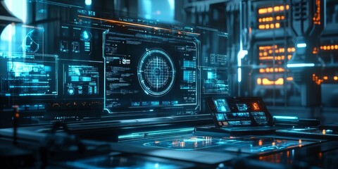 Poster - Cyberpunk AI system featuring glowing data streams, holographic interfaces, and advanced machine learning algorithms in a sleek high-tech lab.