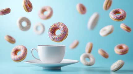 Sweet colored donuts flying and falling and a white cup of coffee on a blue background. Breakfast concept.