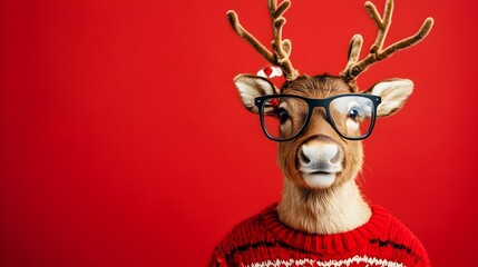 reindeer with glasses on red background in christmas costume