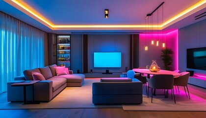 Wall Mural - stylish modern living room with sectional sofa and dining table illuminated by vibrant blue and pink LED lights for a cozy and inviting atmosphere