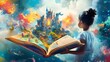 © LULU.Stock journey - Whimsical of a child holding an open storybook with vibrant fantasy scenes of castles dragons and adventure filled landscapes popping up from the pages set against an imaginative colorful background