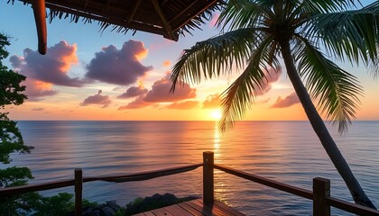 Tranquil sunset over the ocean from a wooden gazebo, framed by a tropical palm tree, capturing the serene beauty of nature and relaxation