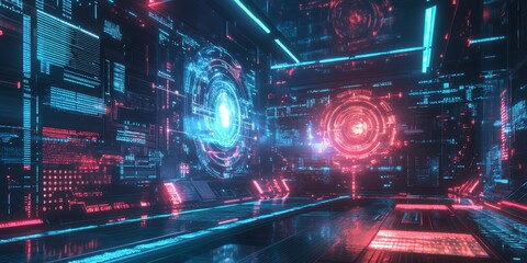 Poster - A futuristic AI system in a cyberpunk environment, showcasing glowing neural networks, advanced data processing, and a vibrant high-tech aesthetic.