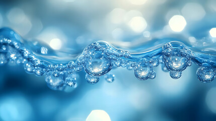 Poster - Water Bubbles Floating in Blue Liquid, Close Up View of Sparkling Water