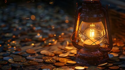 Lamp on coins with bokeh background.