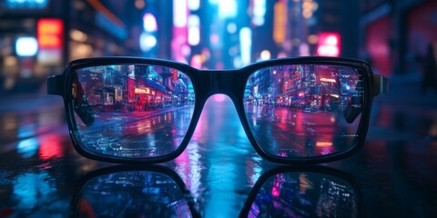 A pair of advanced AR glasses projecting immersive, high-definition holograms, seamlessly integrating digital and physical worlds with cutting-edge technology.