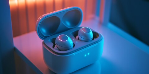 Wall Mural - Detailed view of wireless earbuds inside an open charging case, with glowing LED indicators and a smooth matte finish, focusing on portability and sound quality.