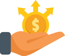 Poster - businessman is holding a golden coin with three arrows pointing upwards, symbolizing financial growt