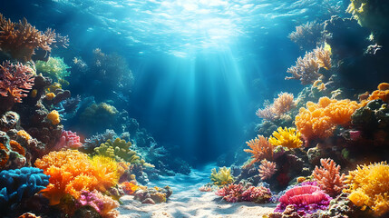 Poster - Vibrant Coral Reefs Underwater, Sunbeams Shine Through Blue Water