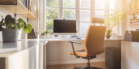 Wall Mural - Home office featuring a clean minimalist design, ergonomic chair, and high-tech equipment for an effective remote work setup.