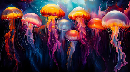 Poster - Vibrant Jellyfish Swimming in Dark Water