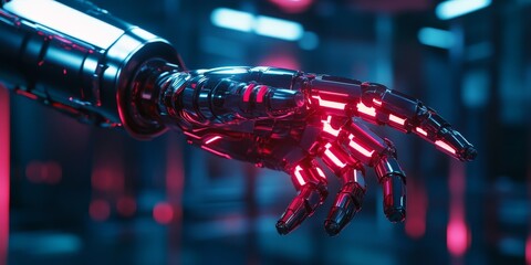 Poster - A detailed view of a robotic arm performing tasks, with neon-lit joints, sleek metallic design, and cyberpunk aesthetics.
