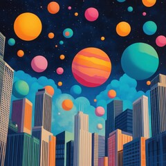 Wall Mural - Surreal Floating Orbs in Bright Colors Over Cityscape