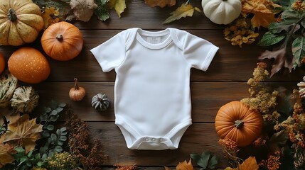 Wall Mural -  White baby bodysuit mock-up, Halloween-themed, on a wooden background design 