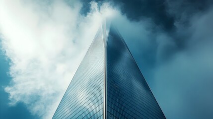 Photograph of a Sleek Futuristic Skyscraper Piercing Through the Clouds with Reflective Glass Panels and Sharp Architectural Lines Set Against a Bright Blue Sky