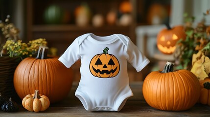 Wall Mural -  White baby bodysuit mock-up, Halloween-themed, on a wooden background design 