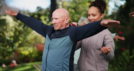 Canvas Print - Senior man, coach and stretching arms for exercise outdoor with healing, rehabilitation training and mobility. Elderly, person and instructor for fitness class, shoulder workout or wellness support