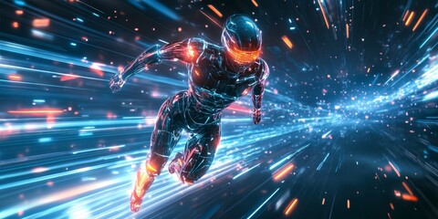 Poster - A robotic figure in motion within a cyberpunk world, showcasing sleek design, glowing neon elements, and advanced AI functionality.