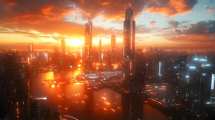 Wall Mural - Futuristic Cityscape with Sunset Over Water