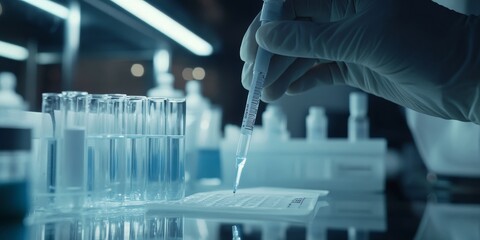 Poster - a rapid diagnostic test kit in use, showing clear lines indicating results, with sterile lab surroundings.