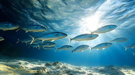 Poster - School of Fish Swimming Underwater with Sunbeams