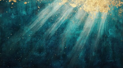 Teal and gold abstract sunbeams illuminating a textured background, evoking the beauty of an underwater starry night