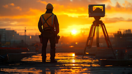 Wall Mural - Construction Worker Silhouetted Against Sunset